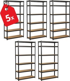 Akcia 5x Regál 220x100x40 cm lakovaný 6-policový, nosnosť 1050 kg - čierny