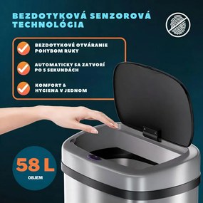 Senzorový odpadkový kôš DEUS, 58 litrov, strieborná Jurhan