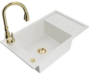 Mexen Elias, 1-komorový granitový drez 795x480x200 mm a drezová batéria Savita, biela, 6511-20-672601-50