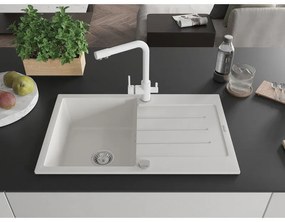 Mexen Bruno, 1-komorový granitový drez s odkvapkávačom 795x495x200 mm a biela batéria Duero, biela, 6513-20-671600-20
