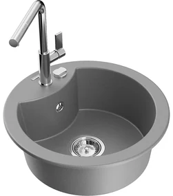 Mexen Diego, 1-komorový granitový drez 488x488x167 mm a drezová batéria Flora, šedá, 6512-71-670401-00