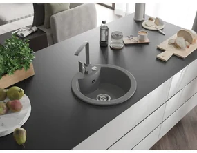 Mexen Diego, 1-komorový granitový drez 488x488x167 mm, chrómový sifón, šedá matná batéria Rita, šedá, 6512-71-670300-71