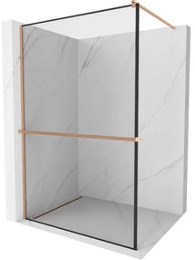 Mexen Kioto+, sprchová zástena Walk-In s poličkou a vešiakom 130 x 200 cm, 8mm číre sklo čierny vzor, medený matný profil, 800-130-121-65-70