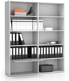 Široký kancelársky policový regál LAYERS, 1 box, 1582 x 400 x 1905, biela / sivá