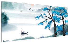 Obraz - Maľované jazero s loďkou (120x50 cm)