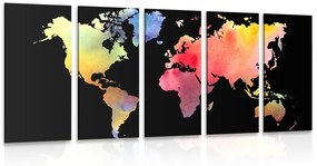 5-dielny obraz mapa sveta v akvarelovom prevedení na čiernom pozadí Varianta: 100x50