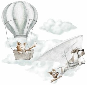 Gario Detská nálepka na stenu Adventure in the sky - mačka v balóne a psíky na rogale Rozmery: 98 x 96 cm