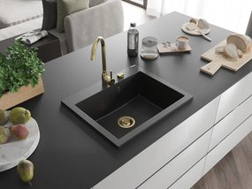 Mexen Elix, 1-komorový granitový drez 600 x 500 mm, čierna/strieborná metalíza, zlatý sifón - 6525601005-73-G