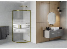 Mexen Rio, štvrťkruhový sprchovací kút s posuvnými dverami 90(dvere) x 90(dvere) x 190 cm, 6mm číre sklo s pásikmi, zlatý lesklý profil, 863-090-090-50-20