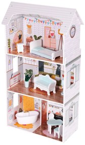 Domček pre bábiky, 3 poschodia, 4 izby, sada 9 kusov nábytku, ECOTOYS