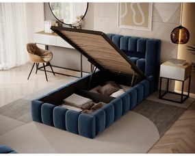 Tmavomodrá čalúnená jednolôžková posteľ s úložným priestorom s roštom 90x200 cm Lamica – ELTAP