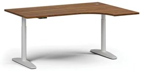Výškovo nastaviteľný stôl OBOL, elektrický, 675-1325 mm, rohový pravý, doska 1600x1200 mm, biela zaoblená podnož, orech
