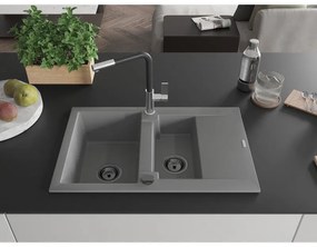 Mexen Gaspar, 1,5-komorový granitový drez 737x475x177 mm a drezová batéria Flora, šedá, 6507-71-670401-07-B
