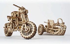 Ugears - 3D drevenené mechanické puzzle Motorka scrambler s vozíkom