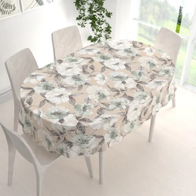 Biante Dekoračný oválny obrus Porto PRT-012 Zeleno-biele kvety na béžovom 50x100 cm