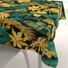 Biante Bavlnený štvorcový obrus Sandra SA-603 Zeleno-zlaté tropické listy na čiernom 90x90 cm