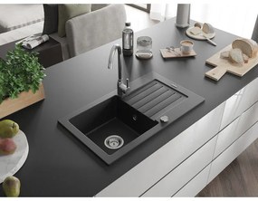 Mexen Pablo, 1-komorový granitový drez s odkvapkávačom 75x44 cm a kuchynskou batériou Telma, čierna, 6510-77-670200-00