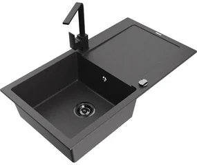 Mexen Leo, drez granitový 900x500x190 mm, 1-komorový, čierna škvrnitá s čiernym sifónom a čierna drezová batéria Rita, 6501-76-670300-70-B