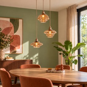 Retro závesná lampa tmavý bronz s jantárovými tienidlami 3-svetelná - Smokey