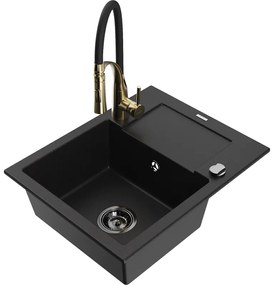 Mexen Enzo, 1-komorový granitový drez 576x465x174 mm a drezová batéria Aster, čierna, 6506-77-73450-57-B