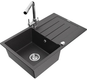 Mexen Bruno, 1-komorový granitový drez s odkvapkávačom 795x495x200 mm a chrómová batéria Duero, čierna škvrnitá, 6513-76-671600-00