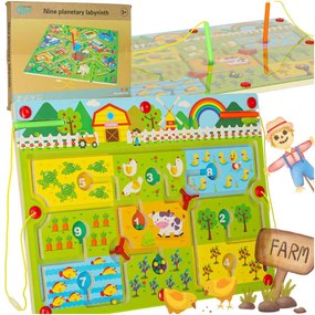 KIK Magnetická hra – Bludisko na cesty pre deti 3+ (drevená, farma, s magnetickou fixkou)