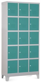 Kovová šatníková skrinka - 15 boxov, 90 x 40 x 195 cm, pevné nohy, cylindrický zámok, zelená - ral 6033