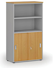 Kombinovaná kancelárska skriňa PRIMO GRAY, zasúvacie dvere na 2 poschodia, 800 x 420 x 1434 mm, sivá/buk