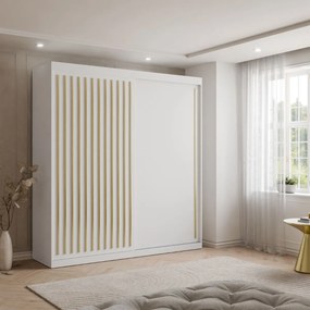 ŠATNÍKOVÁ SKRIŇA S POSUVNÝMI DVERAMI CYNTIA BIELA + ZLATÉ LIŠTY 200 cm