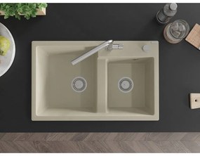 Mexen Tomas, 2-komorový granitový drez 800x500x190 mm a drezová batéria Flora, béžová, 6516-69-670401-00