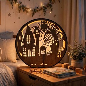 Drevená lampa Halloween - Strašidelný dom s sovou | DRACO: HDF - Orech 20 cm 4796-115339 LED0619