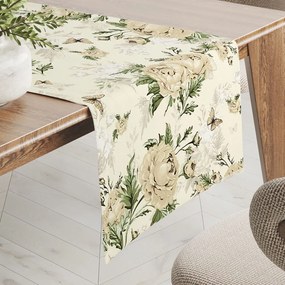 Biante Bavlnený behúň na stôl Sandra SA-473 Pivonky s motýlikmi na vanilkovom 35x180 cm