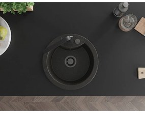 Mexen Diego, 1-komorový granitový drez 488x488x167 mm, čierny sifón, čierna matná batéria Rita, čierna-zlatá metalíza, 6512-75-670300-70-B