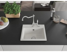 Mexen Milo, granitový drez 435x410x171 mm, 1-komorový a drezová batéria Carla, biela, 6505-20-670700-00