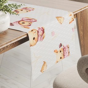 Biante Detský bavlnený behúň na stôl Sandra SA-538 Ružové zajačiky a vtáčiky na bielom 20x160 cm