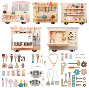 Nástenná hracia tabuľa v tvare vláčika pre deti. Nástenná hracia tabuľa s komodou, náradím a kuchynkou na hranie. Farebná.