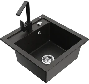 Mexen Vito, 1-komorový granitový drez 520x490x210 mm, čierna batéria Rita, čierna-zlatá metalíza, 6503-75-670300-70