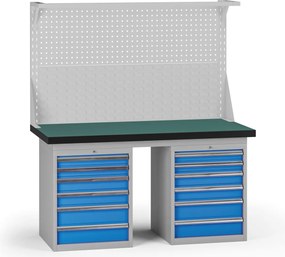 Pracovný stôl do dielne G8 s nadstavbou, 1500 x 750 x 800 mm, 2x kontejner, 12 zásuviek, modrá