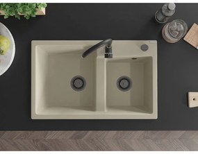 Mexen Tomas, granitový drez 800x500x190 mm, 2-komorový a čierna batéria Telma, béžová, 6516-69-670200-70