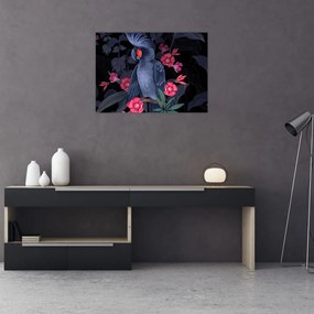 Sklenený obraz - Papagáj medzi kvetmi (70x50 cm)