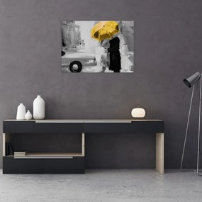 Obraz - Zamilovaný pár pod dáždnikom, žltý (70x50 cm)