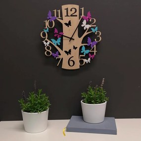 AMADEA Drevené hodiny nástenné v tvare stromu s farebnými motýlikmi, masívne drevo, priemer 30 cm