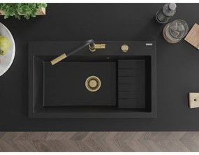 Mexen Omar, 1-komorový granitový drez 800x480x210 mm, čierna, zlatý sifón, 6520801005-77-G