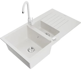 Mexen Matias, 1,5-komorový granitový drez s odkvapkávačom 90x50 cm a kuchynskou batériou Telma, biela, 6502-20-670200-20