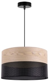 Závesné svietidlo Wood, 1x béžová dubová dýha/čierne PVC tienidlo, (fi 35cm)