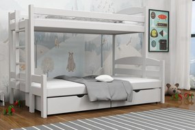 Detská poschodová posteľ z masívu borovice s rozšíreným spodným lôžkom SAVANA so šuplíkmi - 200x90/140 cm - BIELA