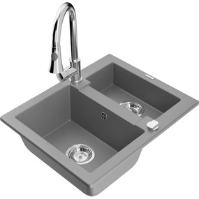 Mexen Carlos, 1,5-komorový granitový drez 582x475x177 mm a drezová batéria Elia, šedá, 6518-71-670101-00