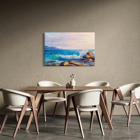 Obraz vĺn narážajúcich na útesy, olejomaľba (90x60 cm)
