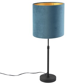 Stolná lampa čierna s modrým zamatovým tienidlom so zlatom 25 cm - Parte