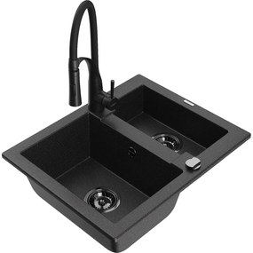 Mexen Carlos, 1,5-komorový granitový drez 582x475x177 mm a drezová batéria Aster, čierna-strieborná metalíza, 6518-73-73450-70-B